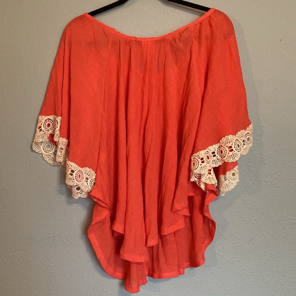 Wrangler Womens Size L Coral Circle Cut Flowy Gauzy Blouse Top Lace Crochet Trim - Picture 6 of 11